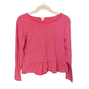 J.Crew Long Sleeve Ruffled Bottom Red and White Striped Crew Neck Top Sz Small